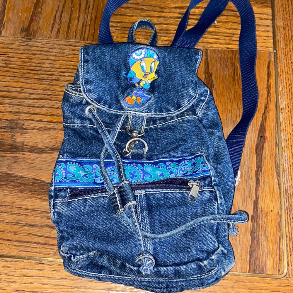 Tweety Bird Denim Vintage Small Drawstring Backpack 90s Looney Tunes